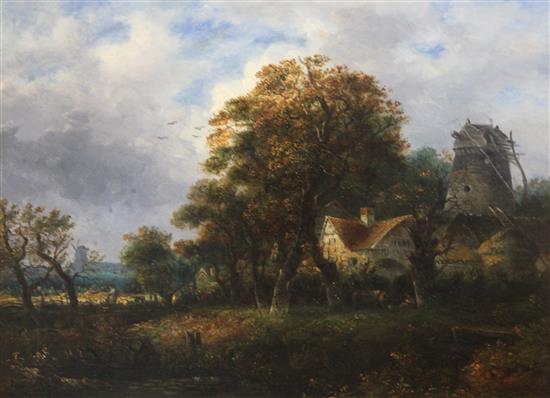 William Henry Crome (1806-1873) Rustic landscape with cottage beside a ruined windmill 13 x 17.75in.